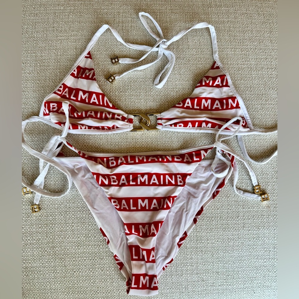 Balmain Red and White Logo Stripe Triangle Bikini